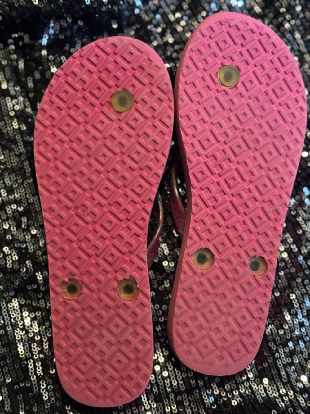 Tory Burch Pink and Blue Patterned Logo Flip Flops - Picture 10 of 14